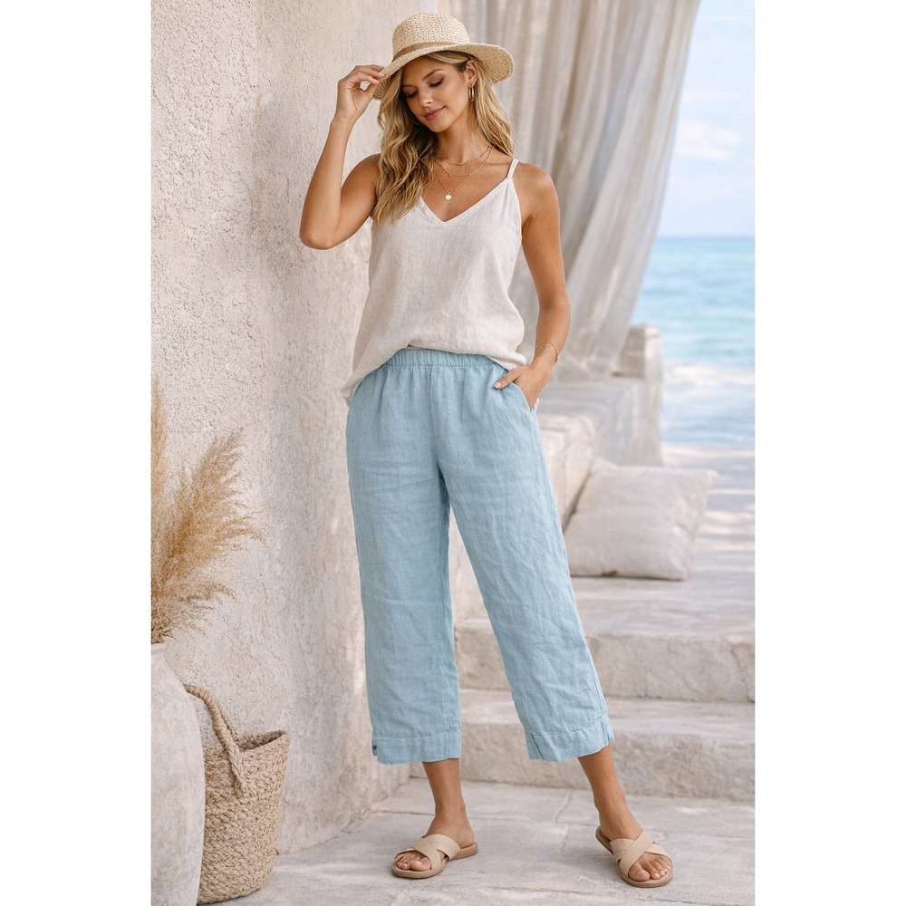 Bryn Walker Linen Pants L Blue Pull On Elastic Waist Crop Lagenlook Made USA